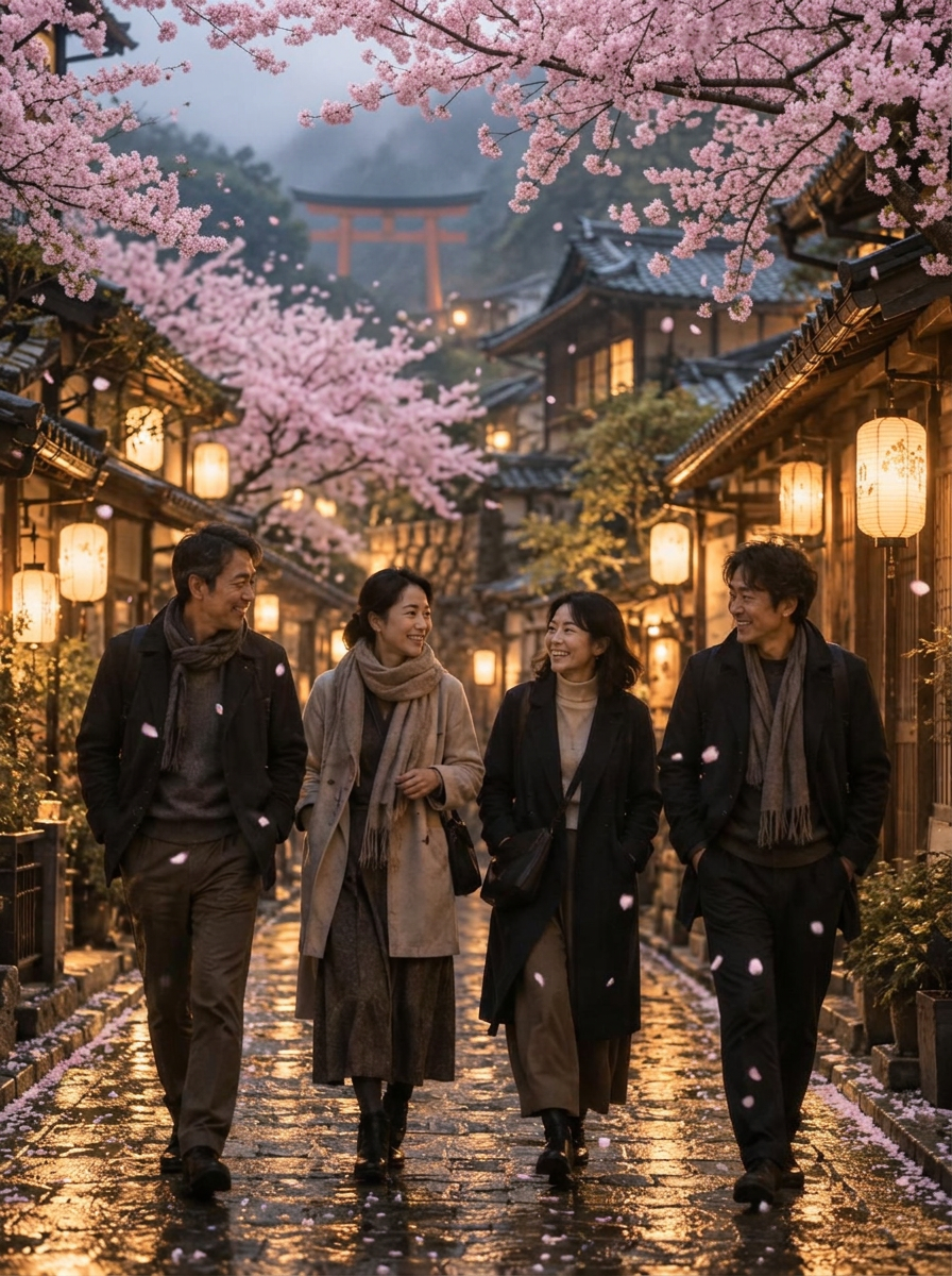 Grupo de viajantes caminhando sob cerejeiras em flor em uma rua histórica japonesa, com lanternas acesas