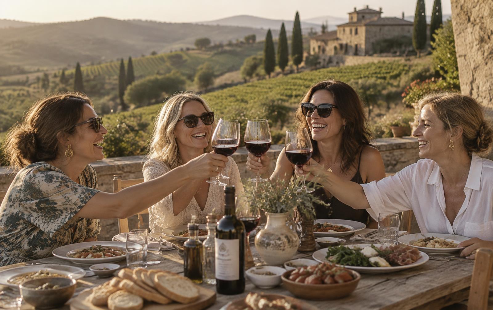 Grupo de amigas brindando com vinho em um vinhedo na Toscana